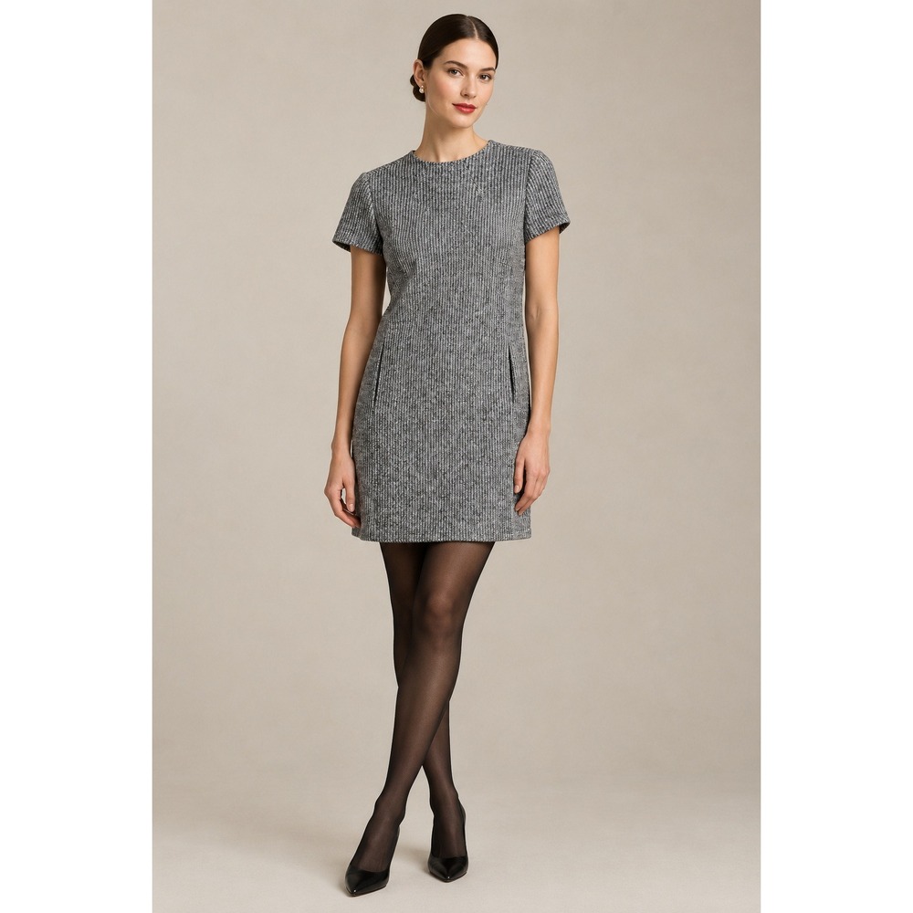Theory Short Tweed Shift Dress 8 Gray Wool Blend Pockets Lined Career Workwear